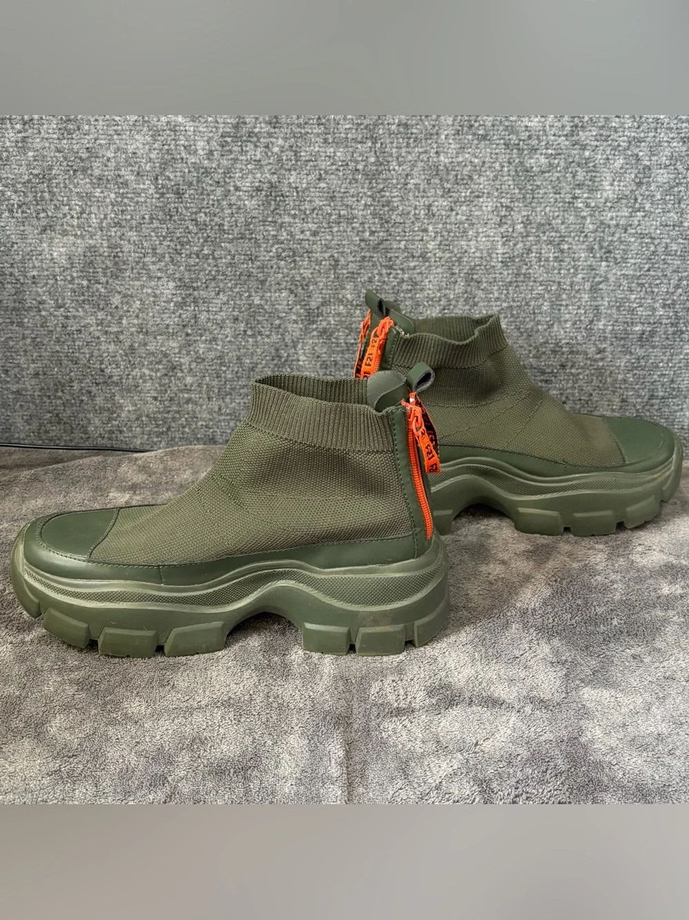 Olive Green Knit Platform Chelsea Boots with Orange Pull Tab Accent Chunky Boot